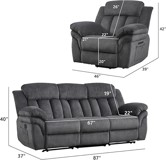 CANMOV Recliner Sofa Set, Oversize Power Lift Recliner Chair and Manual Loveseat with Overstuffed Armrest for Living Room,Bedroom Furniture,Office,1+3 Seat Grey