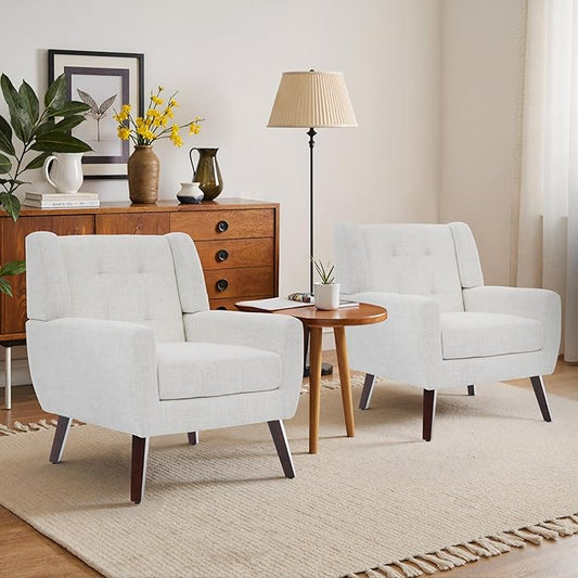 Accent Chairs Set of 2, Mid-Century Modern Upholstered Armchair, Comfy Fabric Living Room Chairs Reading Chairs with Button Tufted Back & Solid Wood Legs for Bedroom, Office, Beige