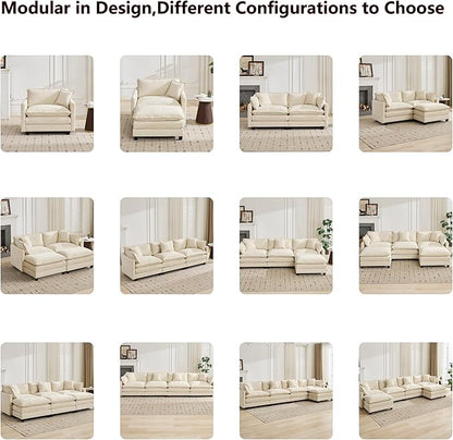 Aoowow Modular Sectional 3 Seater Cloud Sofa Couch for Living Room,113.8" Cloud Sofas with Deep Seat,Modern Chenille 3 Seat Sofas,Fluffy Cloud Couches for Bedroom,Apartment,Office (Beige, 3 Seater)