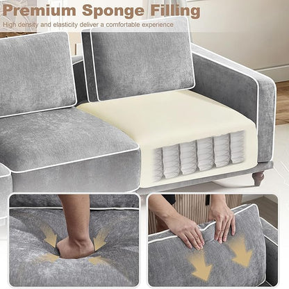 112" Cloud Modular Sectional Sofa,Oversized Deep 3 Seater Couch with Armrests Wooden Legs,Comfy Thicked Cushion Upholstered Sofa for Living Room Bedroom,Light Grey