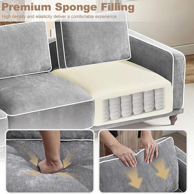 112" 3 Seater Cloud Couch with Ottoman,Modular Sectional L Shaped Sofa with Armrests Wooden Legs,Oversized Deep Seat Comfy Thicked Cushion Upholstered Sofa for Living Room Bedroom,Light Grey