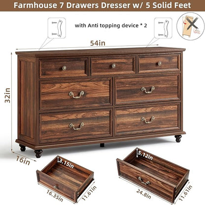 Farmhouse Dresser and Nightstand Sets, Wood 54" Wide Dresser & 24" Night Stand with Charging Station, 2 Piece Bedroom Furniture Set, Chest of Drawers for Bedroom, Home, Living Room, Hallway