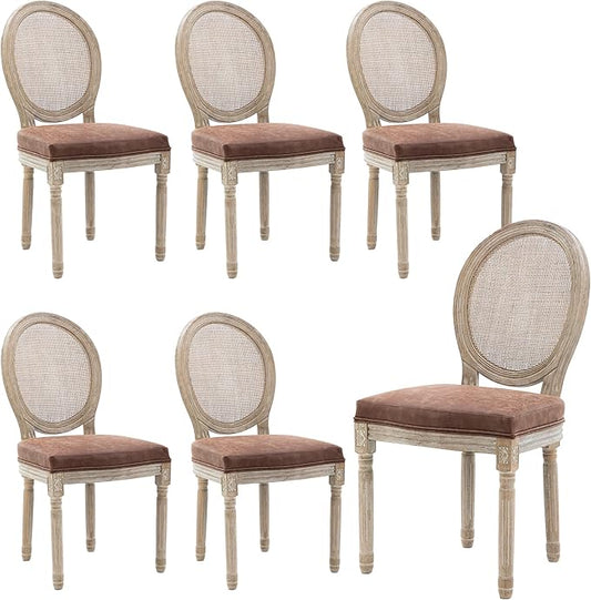 Farmhouse Leather Dining Room Chairs Set of 6 French Dining Chairs with Round Rattan Back French Bistro Chairs for Dining Room/Living Room/Kitchen/Restaurant, Brown