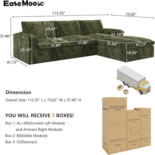 EASE MOOSE Oversized Sectional Cloud Couch for Living Room, L-Shape Modular Boneless Sofa, Cloud Sofa Set with Fluffy Foam, 4-Seat Deep Comfy Sofa with Ottoman for Bedroom Apartment, Chenille (Green)