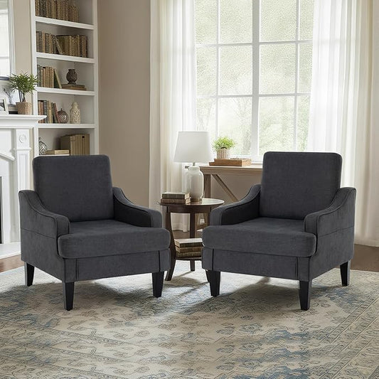 Modern Accent Chairs Set of 2 Upholstered Reading Chair for Bedroom with Side Pockets Comfy Living Room Chairs Living Room Armchair for Office, Apartment (Charcoal)