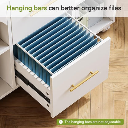 LITTLE TREE 2 Drawer Rolling File Cabinet for Home Office, 39-Inch Lateral Filing Storage Cabinet on Wheels Fits A4/Legal/Letter Size, Printer Stand with Shelves, White
