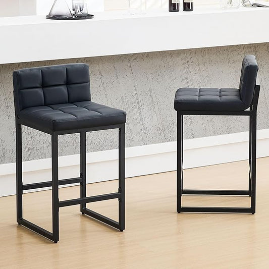 Counter Height Bar Stools Set of 2, Modern Faux Leather Counter Stools with Low Back and Footrest, Upholstered Bar Chairs for Kitchen Island, Bar, Counter (Black, 2Pcs 26" Bar Stools)