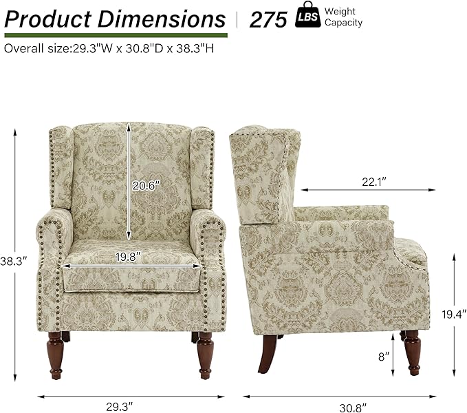Accent Chair, Upholstered High Back Floral Armchair with Nailhead Trim & Wood Legs, Comfy Wingback Reading Single Sofa Chair for Small Spaces, Living Room, Bedroom-Light Brown Floral, 1 SEAT