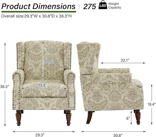 Accent Chair, Upholstered High Back Floral Armchair with Nailhead Trim & Wood Legs, Comfy Wingback Reading Single Sofa Chair for Small Spaces, Living Room, Bedroom ( Light Brown Floral, Set of 2)