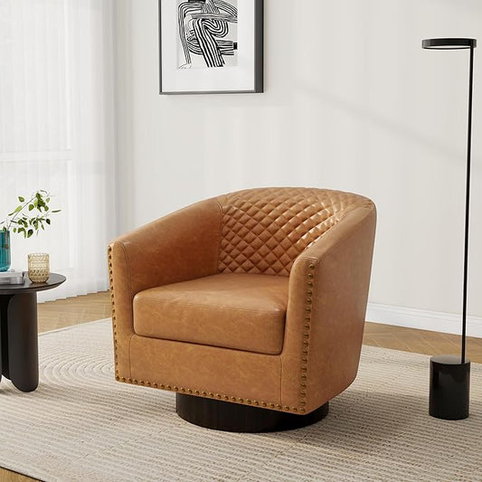 Pia Ricco Faux Leather Swivel Barrel Accent Chairs, 360° Swivel Round Single Sofa Chair, Comfy Upholstered Club Armchair with Nailhead Trim for Living Room/Reading Room/Bedroom, Coffee