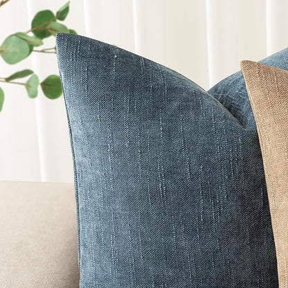 Foindtower Pack of 2 Soft Textured Chenille Throw Decorative Pillow Covers Square Accent Solid Cushion Cover Cozy Neutral Farmhouse Pillow Case for Couch Sofa Bedroom Living Room 18x18 Inch,Blue