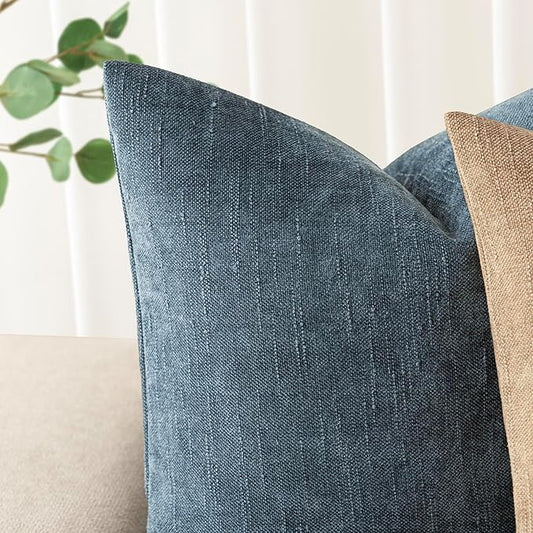 Foindtower Pack of 2 Textured Chenille Throw Decorative Pillow Covers Square Accent Solid Cushion Cover Neutral Farmhouse Lumbar Pillow Case for Couch Sofa Bedroom Living Room 12x24 Inch,Blue