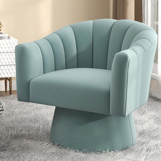Swivel Accent Chair,Upholstered Velvet 360° Swivel Barrel Chair for Living Room Overstuffed Bouncle Reading Chair Round Armchair for Bedroom,Vanity,Office(Blue)