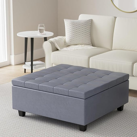 SIMPLIHOME Harrison 36 inch Wide Transitional Square Coffee Table Storage Ottoman in Stone Grey Vegan Faux Leather, Assembled, for the Living Room and Bedroom