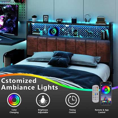 VINGLI Full Size Headboard Only, Adjustable Upholstered Headboard with 2 Tier Shelves and Pegboard with Charging Stations and LED Lights, Modern Bed Headboard with Storage for Bedroom Decor