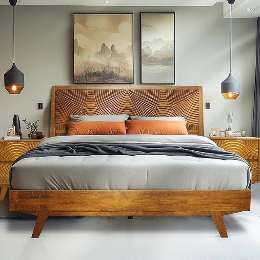 Acacia Harmony Queen Platform Bed Frame – Solid Rubber Wood, Caramel Finish, Mid-Century Modern Style, Distinctive Circular Grain, 800lbs Capacity, No Box Spring Needed, Easy Assembly