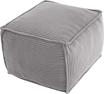 MeMoreCool Square Stuffed Pouf Ottoman Foot Rest, Corduroy Floor Pouf Foot Stool with Foam Chunk Filling, Soft Stuffed Ottoman Footrest for Living Room, Light Grey