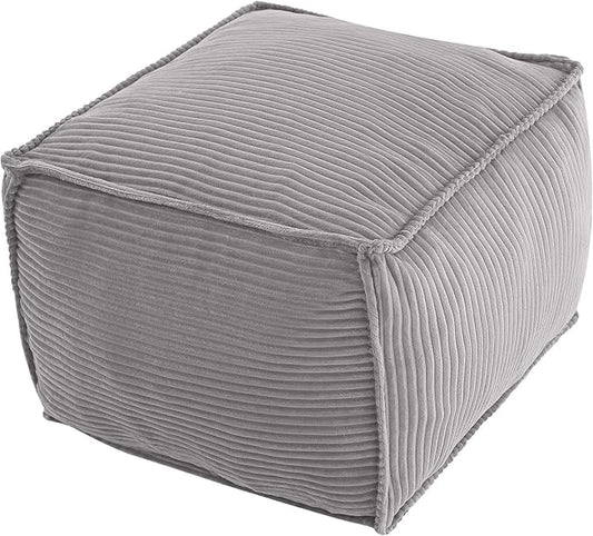 MeMoreCool Square Stuffed Pouf Ottoman Foot Rest, Corduroy Floor Pouf Foot Stool with Foam Chunk Filling, Soft Stuffed Ottoman Footrest for Living Room, Light Grey