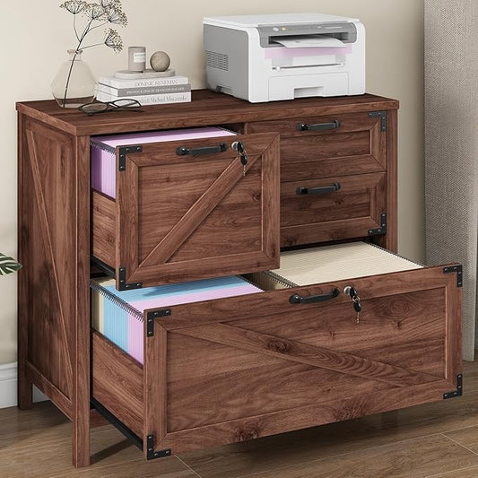 Lateral File Cabinet with 4 Drawers, Farmhouse File Cabinet for Letter/Legal/A4 Size Hanging Files, Large Wood File Storage Cabinets Printer Stand for Home Office Cabinets, Brown with Lock
