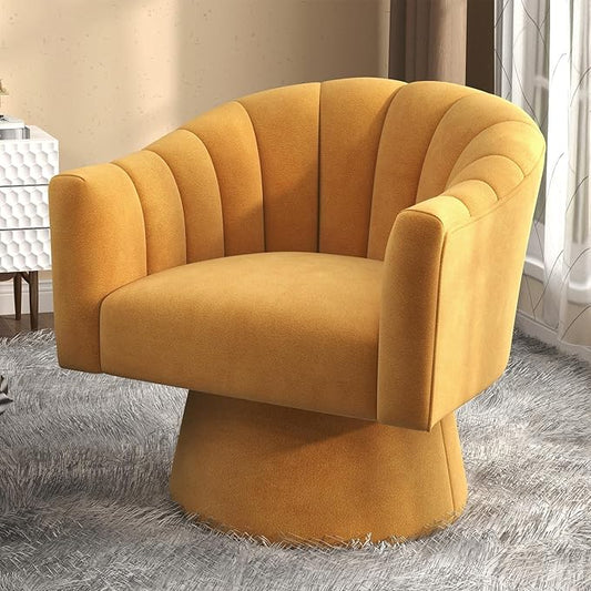 Swivel Accent Chair,Upholstered Velvet 360° Swivel Barrel Chair for Living Room Overstuffed Bouncle Reading Chair Round Armchair for Bedroom,Vanity,Office(Mustard)