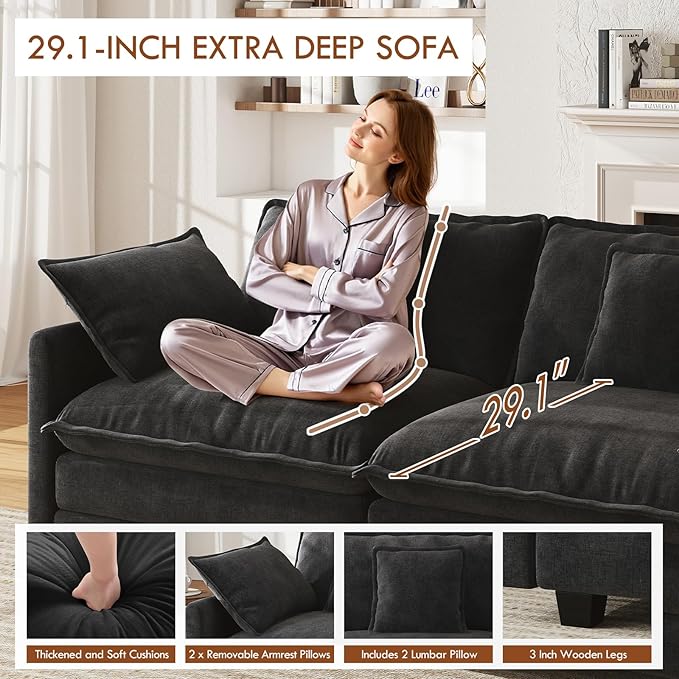 WorthFurni 77 Inch L Shape Cloud Sofa, Modular Sectional Couch with Ottoman, Comfy Chenille Deep Seat Loveseat with Pillow for Living Room Bedroom Apartment (Black)