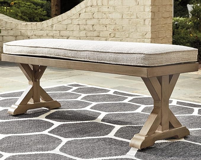 Signature Design by Ashley Beachcroft Outdoor Bench with All-Weather Cushion, Cleanable Performance Fabric, Rust-Resistant Aluminum Frame, 20.38" High, Beige