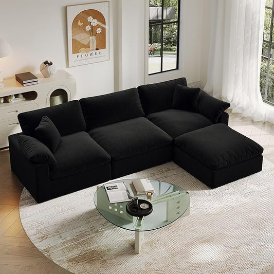 Oversize Cloud Modular Sectional Sofa,110.8" L Shape 3 Seaters with Chaise Down Filled Comfort Sofa Detachable Couch Cushion Covers for Living Room,Black 1