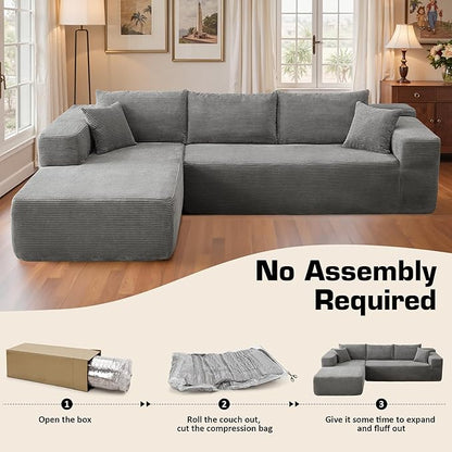106" Cloud Sectional Couch with Chaise Lounge,L Shaped Modular Modern Sofa,Comfy Corduroy Fluffy Couches with Deep Seat,No Assembly Required Couch for Living Room(Left,Stripe Corduroy,Gray)