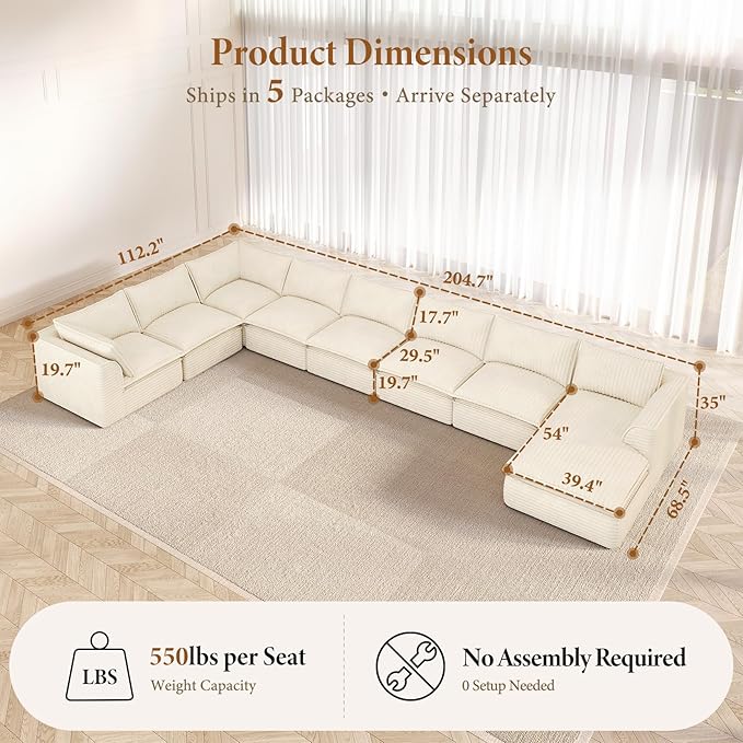 Vesgantti 204.7" Oversized Sectional Boneless Couch, Modern 9 Seater Modular Sofa with Chaise, Deep Seat Convertible Plush Corduroy Cloud Couches for Living Room, No Assembly Required, Beige
