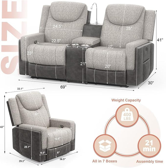 Living Room Furniture Set, Loveseat Recliner Sofa with Storage Console and 2 Oversize Recliner Chairs, Elegant Timeless Manual Reclining Couches for Living Room/RV (Grey, 2+1+1)