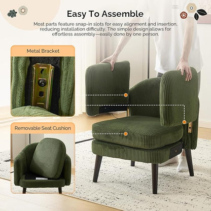 VINGLI 30.3" Wide Modern Barrel Accent Armchair with Track Armrest, Solid Wooden Legs, Comfy Upholstered Club Chair,Round Single Home Sofa for Living Room, Bedroom, Reading Room, Corduroy Green