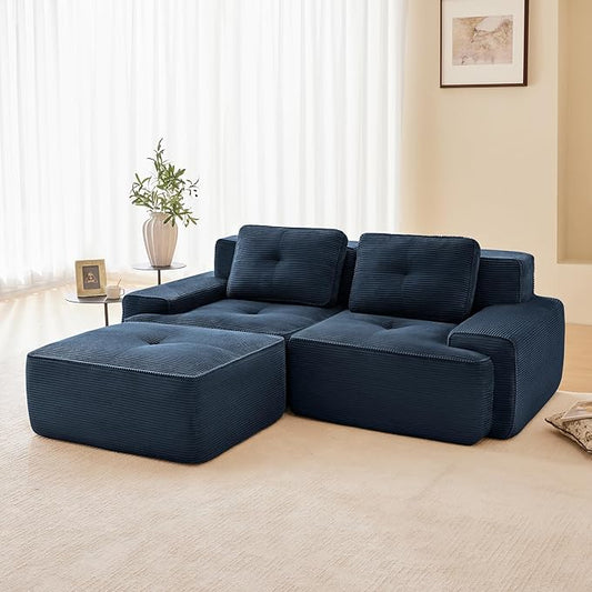80.3” Blue Boneless Couches for Living Room, Modular Sectional Sofa with L-Shape Chaise, 2 Seater Comfy Upholstered Loveseat Deep Seat Corduroy Fabric Cloud Couch No Assembly, Anti-Slip Design