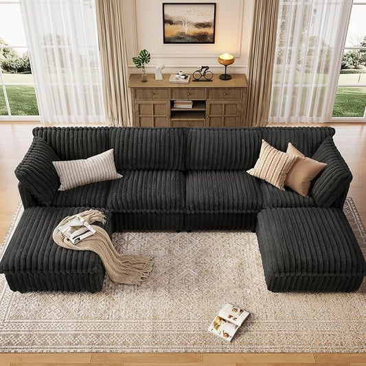 KKL Modular Sectional Couch for Living Room, U Shaped Corduroy Couches with 2 Ottomans, 6 Seater Oversized Sofa Convertible to Sleeper, Soft Fabric Modern Sofa, Black