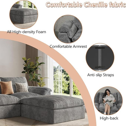 EASE MOOSE Oversized Cloud Couch Sectional Sofa, U-Shaped Modular Couch for Living Room, Minimalist Boneless Convertible Couches with Ottoman, 5-Seat Deep Sofas for Bedroom, Chenille (Grey)