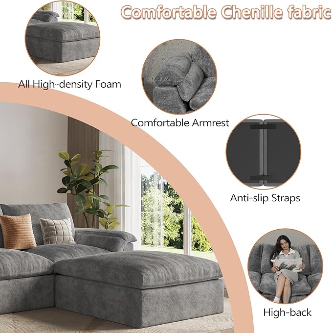 EASE MOOSE Oversized Boneless Couch for Living Room, Sectional Cloud Sofa, Modular Cloud Couch Loveseat, 2-Seater Deep Seat Sofas with Pillow for Bedroom, Apartment, No Assembly, Chenille (Grey)