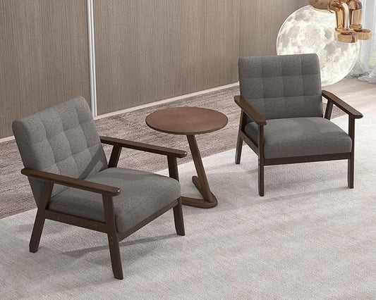 Modern Accent Chair with Wooden Table, Upholstered Linen Fabric Leisure Side Chair with Arm Rest and Wooden Frame for Living Room, Bedroom Reading (Gray)