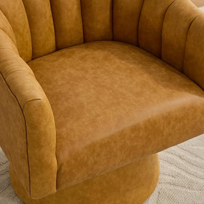 Swivel Accent Chair, Faux Leather 360° Swivel Barrel Chair Upholstered Modern Living Room Chair, Overstuffed Reading Armchair for Bedroom,Vanity,Office-Mustard