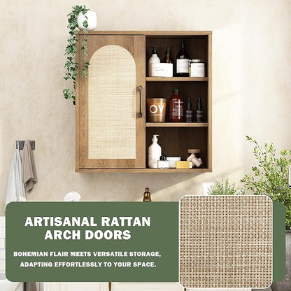 RUSTOWN Boho Rattan Wall Cabinet, Midcentury Bathroom Cabinet with Sliding Door, Adjustable Shelves, Over The Toilet Storage Cabinet (Rustic Oak)