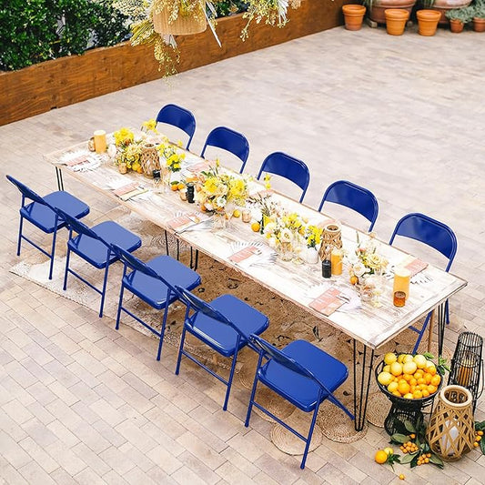 VINGLI Folding Chairs All Steel Metal Frame, Capacity 350 lbs, Durable Portable and Versatile for Indoor Outdoor Use, Navy Blue, Set of 4