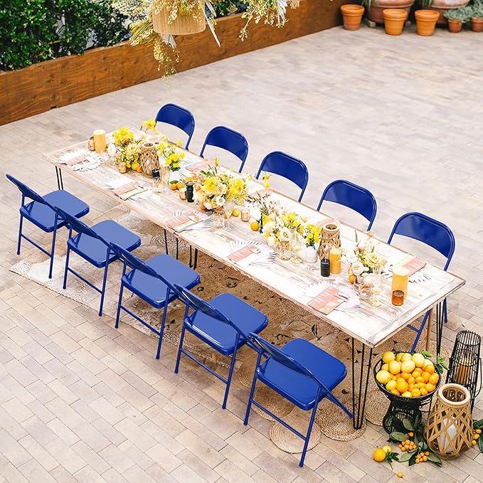 VINGLI Folding Chairs All Steel Metal Frame, Capacity 350 lbs, Durable Portable and Versatile for Indoor Outdoor Use, Navy Blue, Set of 8