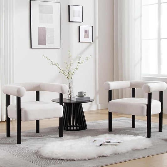 Barrel Accent Chairs Set of 2, Linen Upholstered Modern Living Room Chairs, Comfy Accent Chairs with Curved Backrests and Wood Legs Armchairs for Living Room, Bedroom, Beige