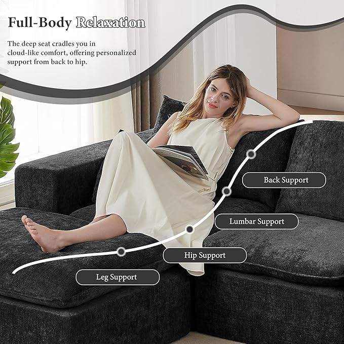108" Sectional Couches for Living Room Boneless Couch Upholstered Cloud Couch Sectional Modular Sectional Sofa with L Shaped (Chenille-Black, 4 Seat+2 Ottoman)