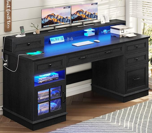 BTHFST 59.1" Executive Desk with File Drawer, Home Office Desk with Charging Station & LED Lights, Computer Desk with Drawers & Storage Cabinet, Executive Office Desk with Monitor Stand, Black
