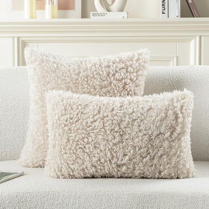 FUTEI Beige Decorative Throw Pillow Covers 16x16 Inch Set of 2,Soft Fluffy Faux Wool Fur Boucle Textured Cushion Case,Modern Home Decor for Couch Bed Living Room Office