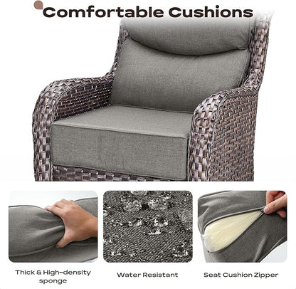 Rilyson Outdoor Patio Swivel Rocker Chairs Set of 2, Waterproof Wicker, High Back, Deep Seating, Wide Armrest, Upgraded 6 inch Thick Cushions, Side Table, Ideal for Deck Porch Yard, Brown-Grey