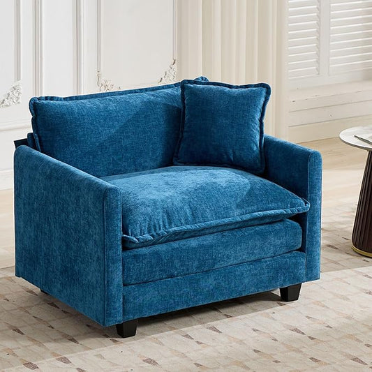 Aoowow Chenille Upholstered Accent Chair Oversized,Fluffy Single Cloud Sofa Chairs with Deep Seat,Modern Large Reading Arm Chair with Throw Pillow for Living Room,Bedroom (Blue, Single Sofa Chair)
