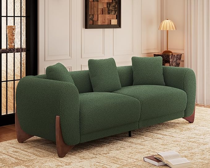 Morden Fort 3 Piece Cloud Couch Set, Modern Sherpa Boucle Sofa Set with Wood Legs, Skin-Friendly Minimalist Upholstered Comfy Couch Sofas for Living Room, 3-Seater Sofa & 2 Chairs, Forest Green