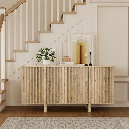 Sideboard Buffet Cabinet with Storage, Natural Freestanding Floor Cabinet 64” Farmhouse Sideboard Wooden Large Storage Cabinet Media Console Table Credenza for Living Room Dining Room Hallway, Single