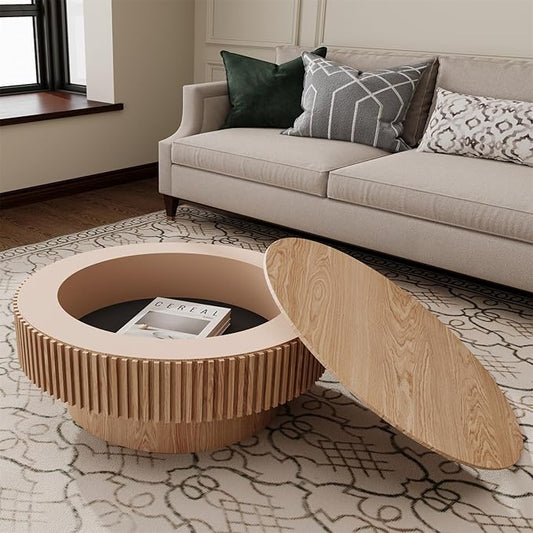 31.5'' Round Coffee Table for Living Room, Fluted Coffee Table with Hidden Storage, Solid Wood Circle Table, Modern Tea Table for Small Space Apartment-Natural Wood 31.5''D×14''H