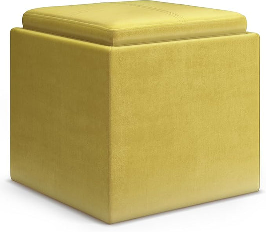 SIMPLIHOME Rockwood 18 inch Wide Contemporary Square Cube Storage Ottoman with Tray in Dijon Yellow Velvet Fabric, Assembled, For the Living Room, Entryway and Family Room